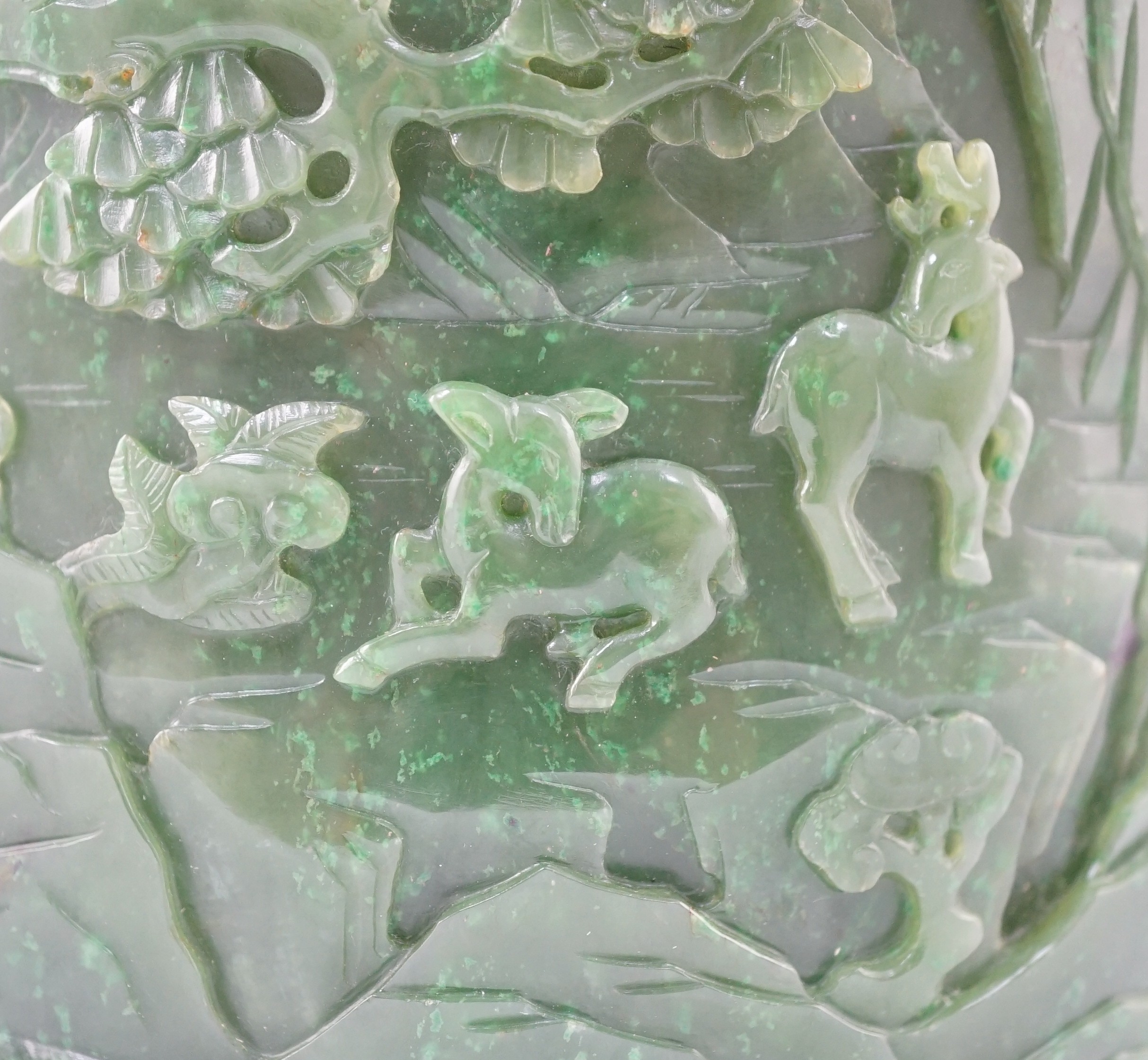 A large Chinese spinach green jade brushpot, bitong, 16.8cm high, 14.9cm diameter